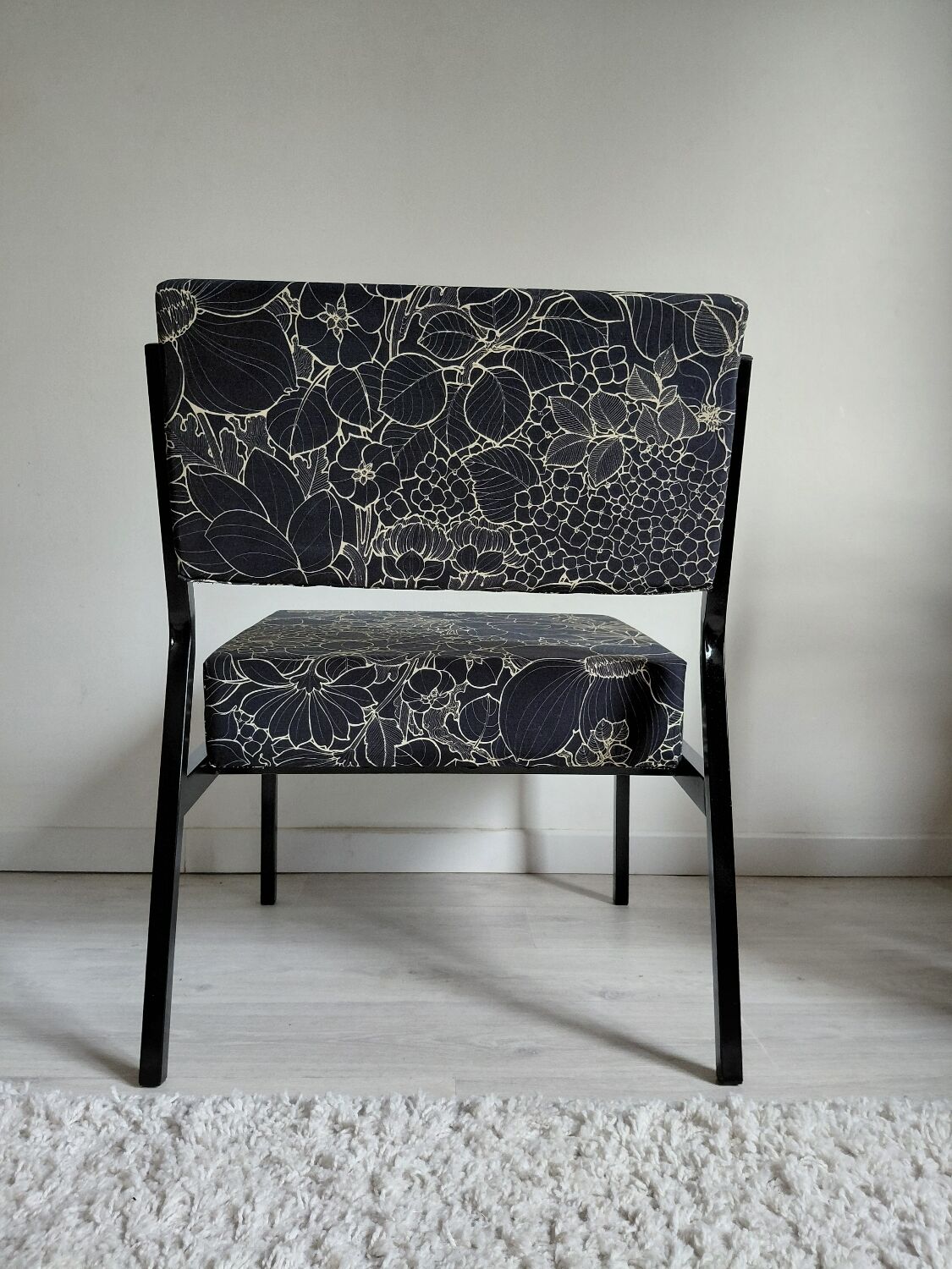 Pair of black metal and fabric armchairs, 1970s, restored.