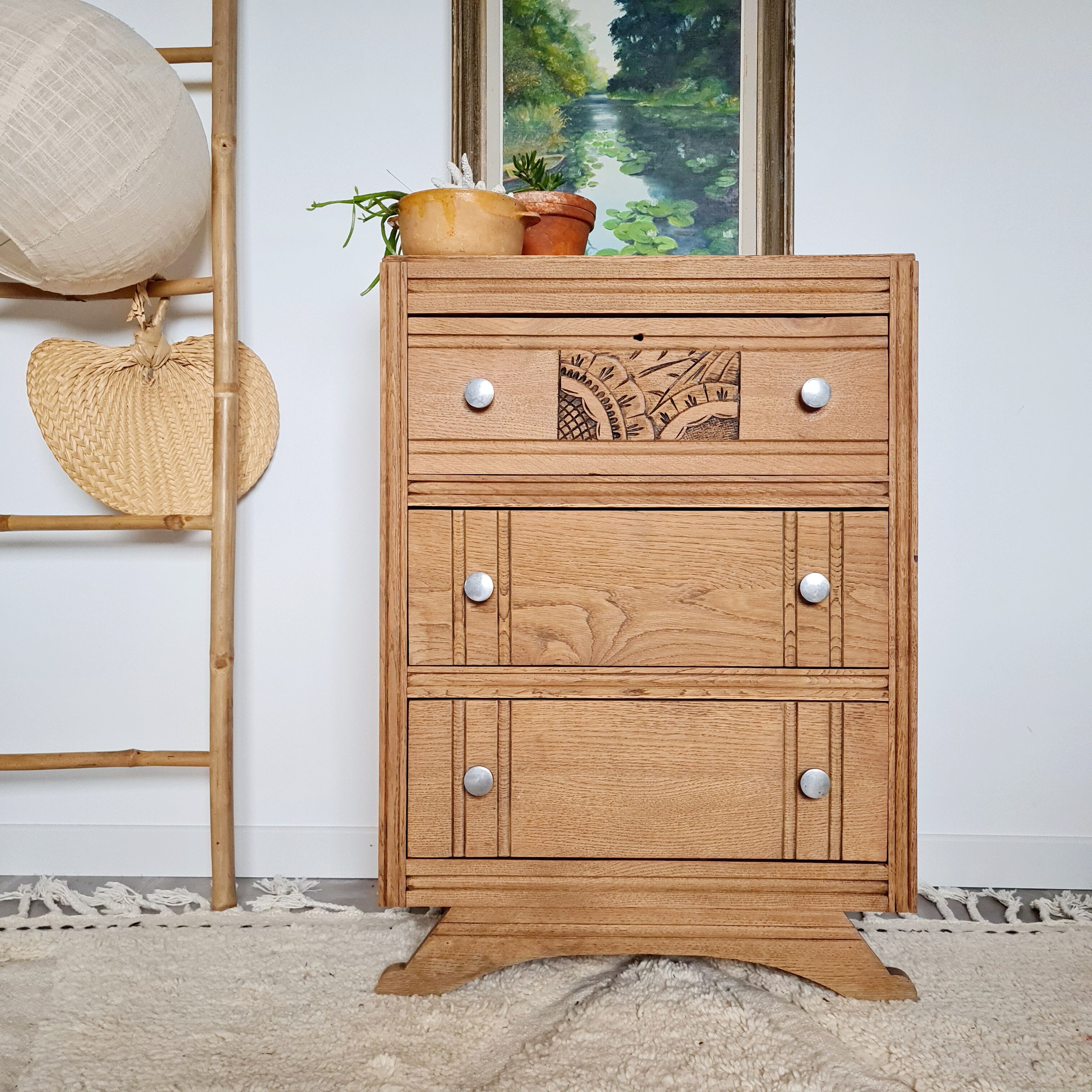 Art Deco chest of drawers curved legs raw wood
