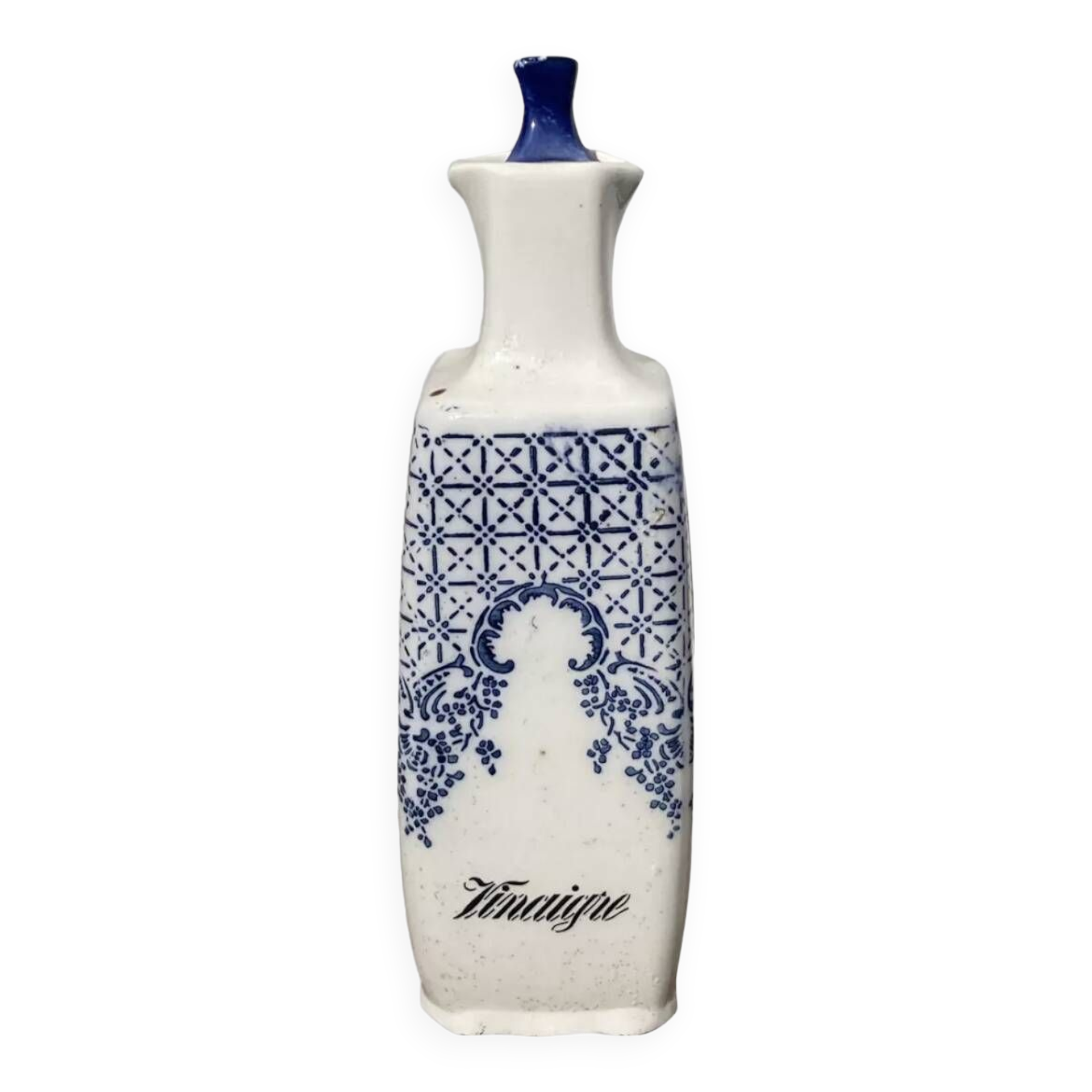 19th century vinegar bottle with blue and white decoration