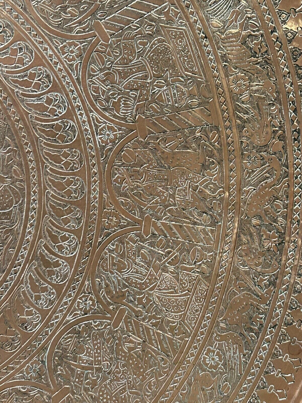 Large ancient copper tray, engraved Persia, offering scenes, vintage ethnic