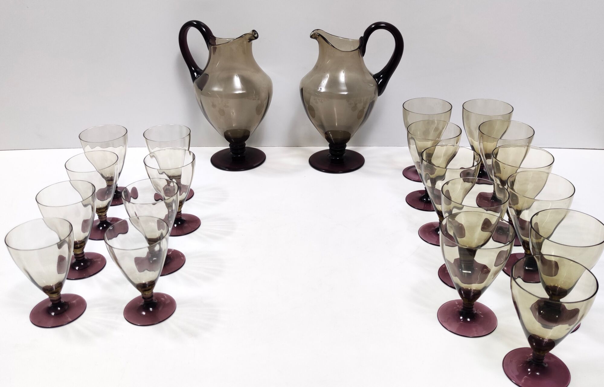 Amber, Straw-Colored and Plum Murano Glass Drink Set of 24 Pieces, Italy 1920s