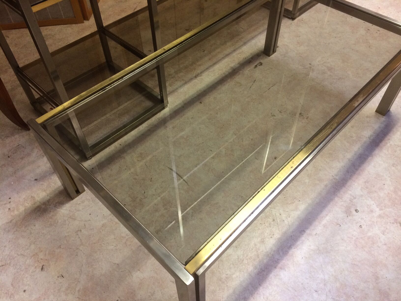 Coffee table with square tubular structure and smoked glass - 1970