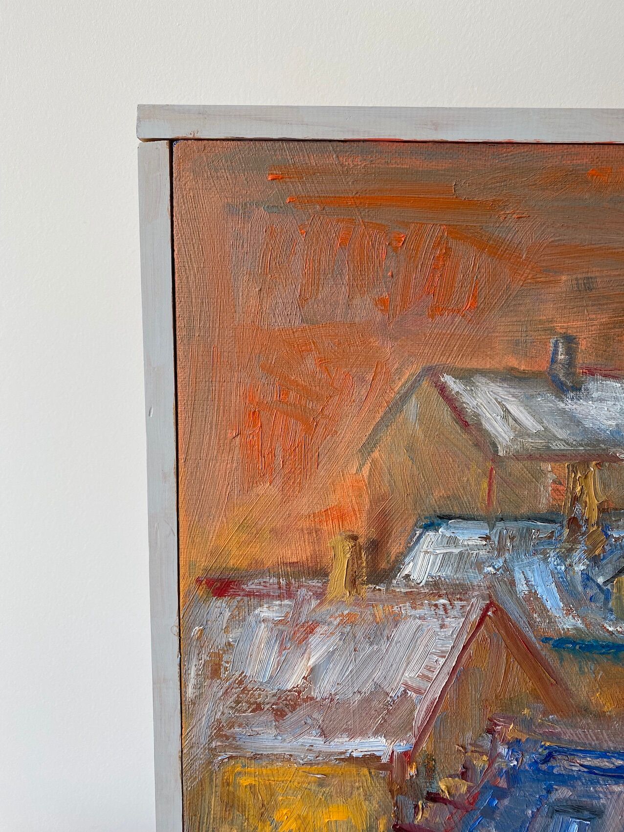 Mid century modernist framed oil painting - houses at sunset