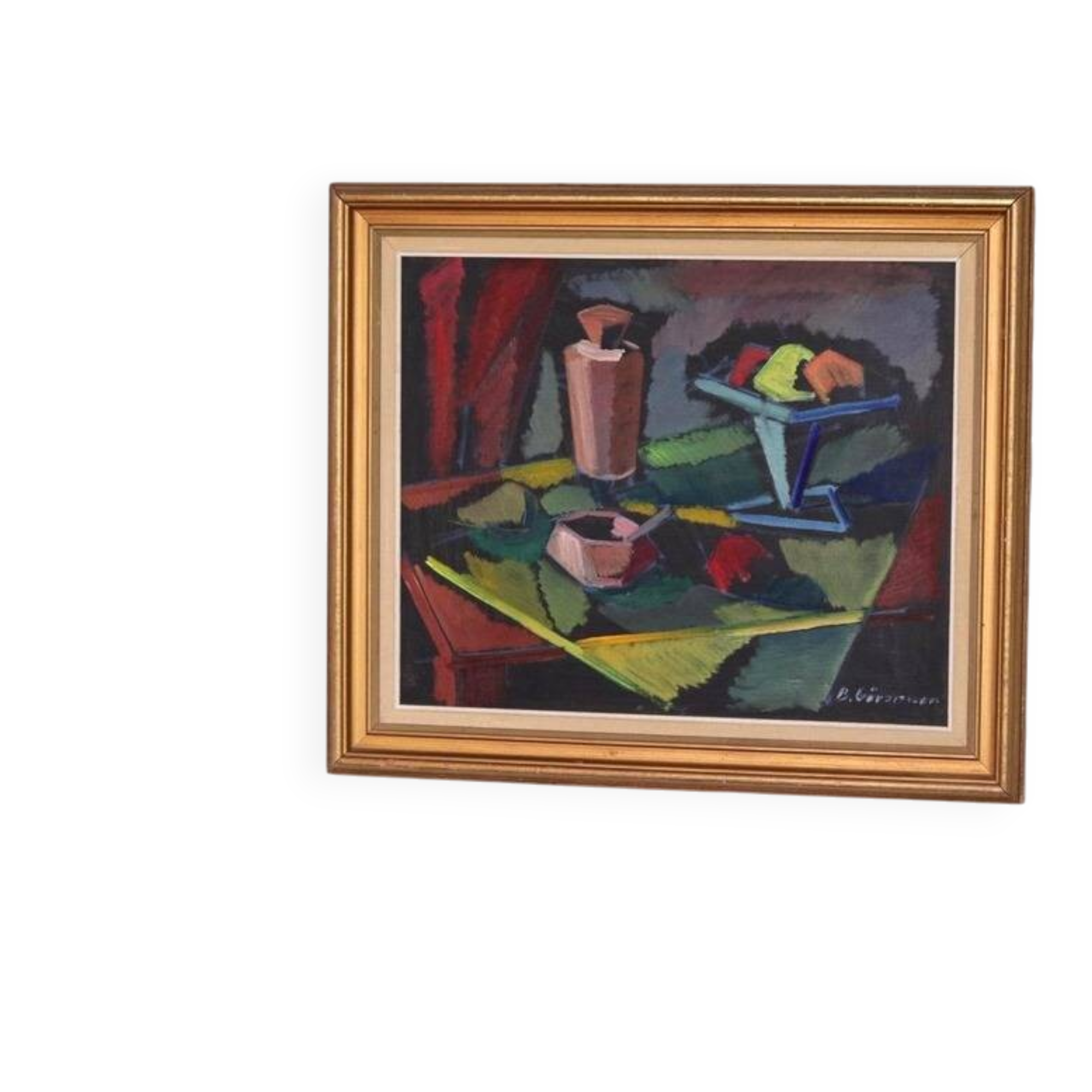 Original mid-century Swedish oil on canvas – “Kubisk Still Life” by Bror Göransson – vintage & framed – 75 × 64 cm (29.5" × 25.2")