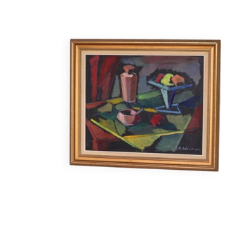 Original mid-century Swedish oil on canvas – “Kubisk Still Life” by Bror Göransson – vintage & framed – 75 × 64 cm (29.5" × 25.2")
