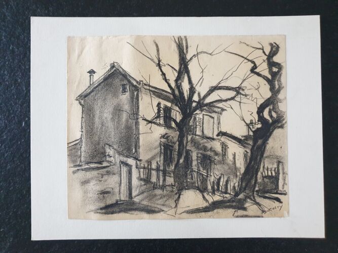 André Duculty (1912-1990) Charcoal drawing on paper "Country House" Signed lower right