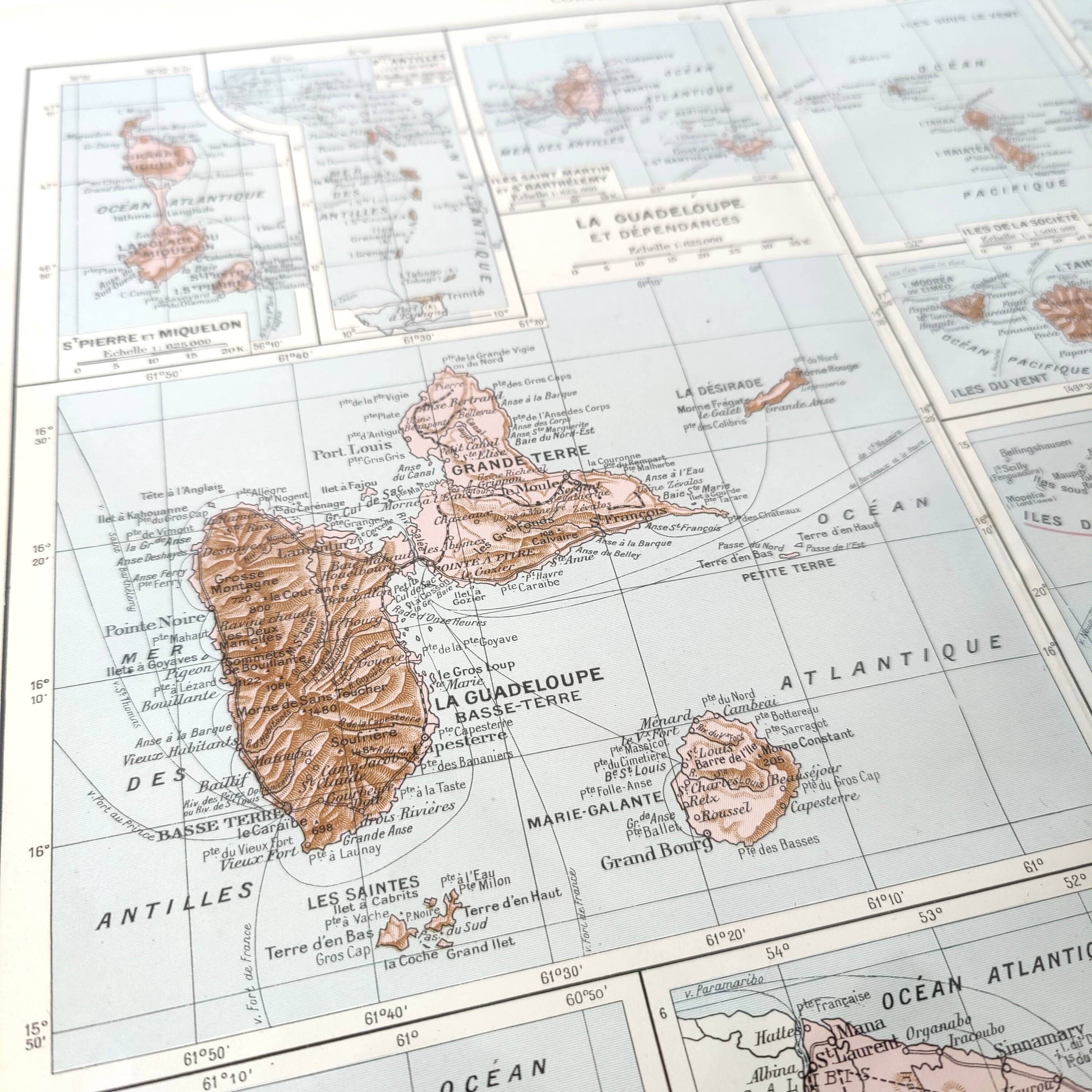 Old map of French overseas departments in 1950 43x43cm