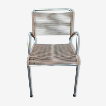 Chair in tubular steel and vintage caramel color scoubidou