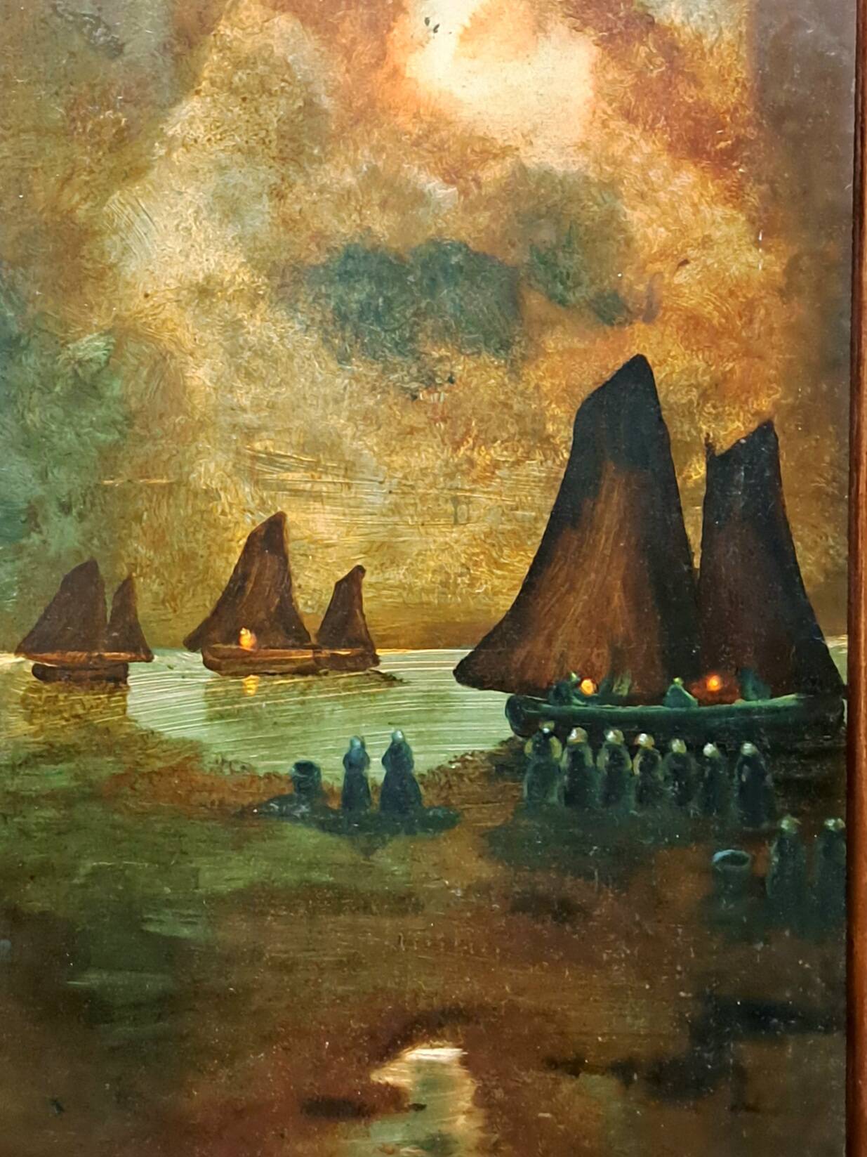 Impressionist painting, oil on wood, 19th century - Signed marine