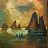 Tableau impressionniste, huile sur bois  XIXème siècle - Marine signée