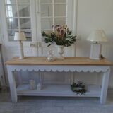 Console with pearl grey patinated base, oak top.