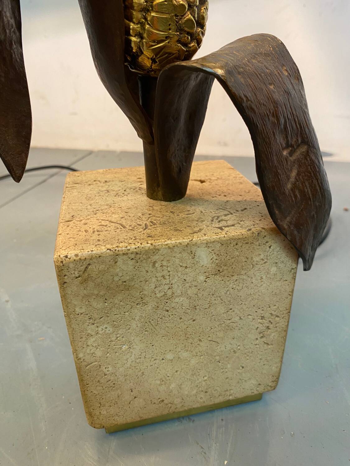 Vintage Bronze, Brass and Travertin Table Lamps in the manner of Maison Charles, 1970s, Set of 2