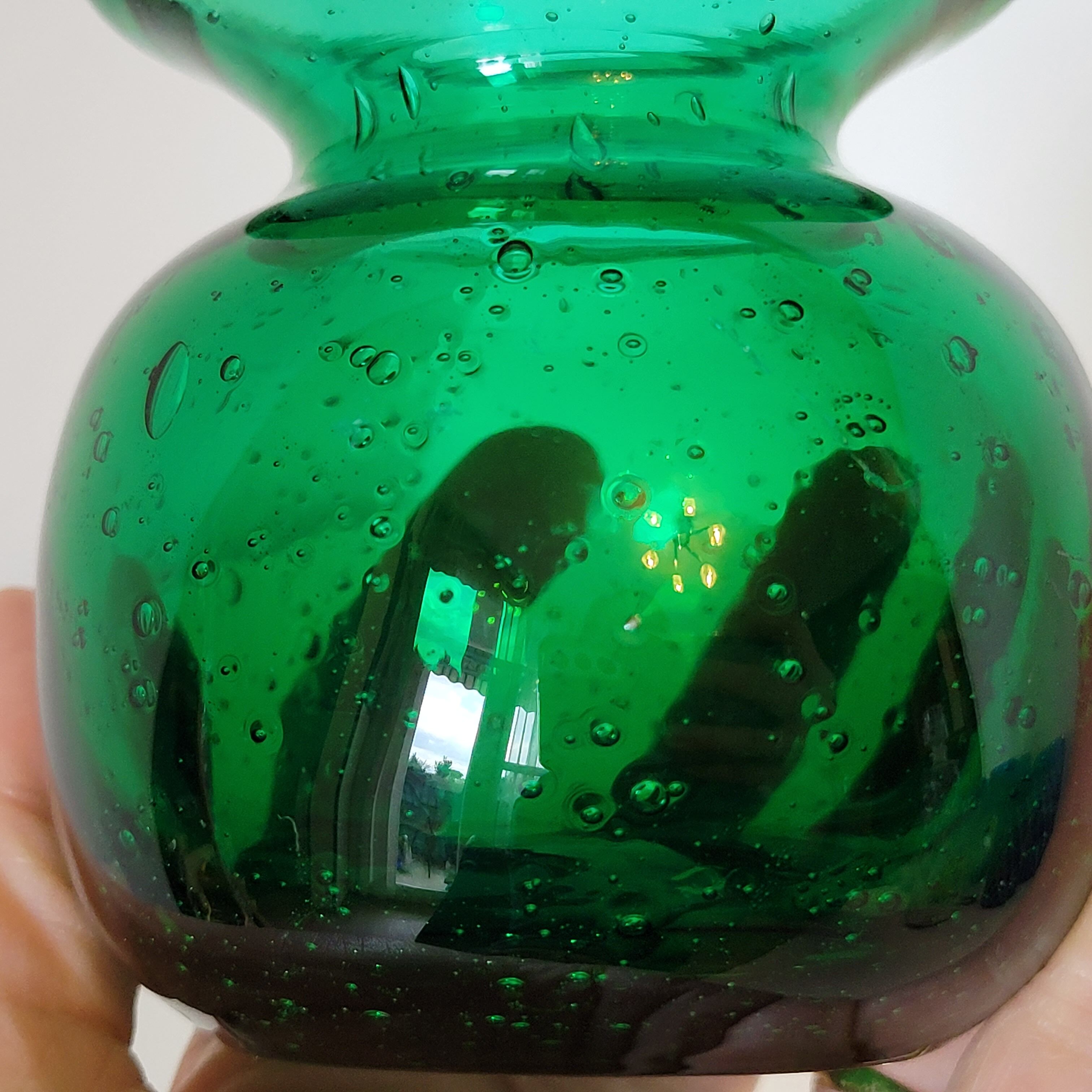 Small green bubbled blown glass vase
