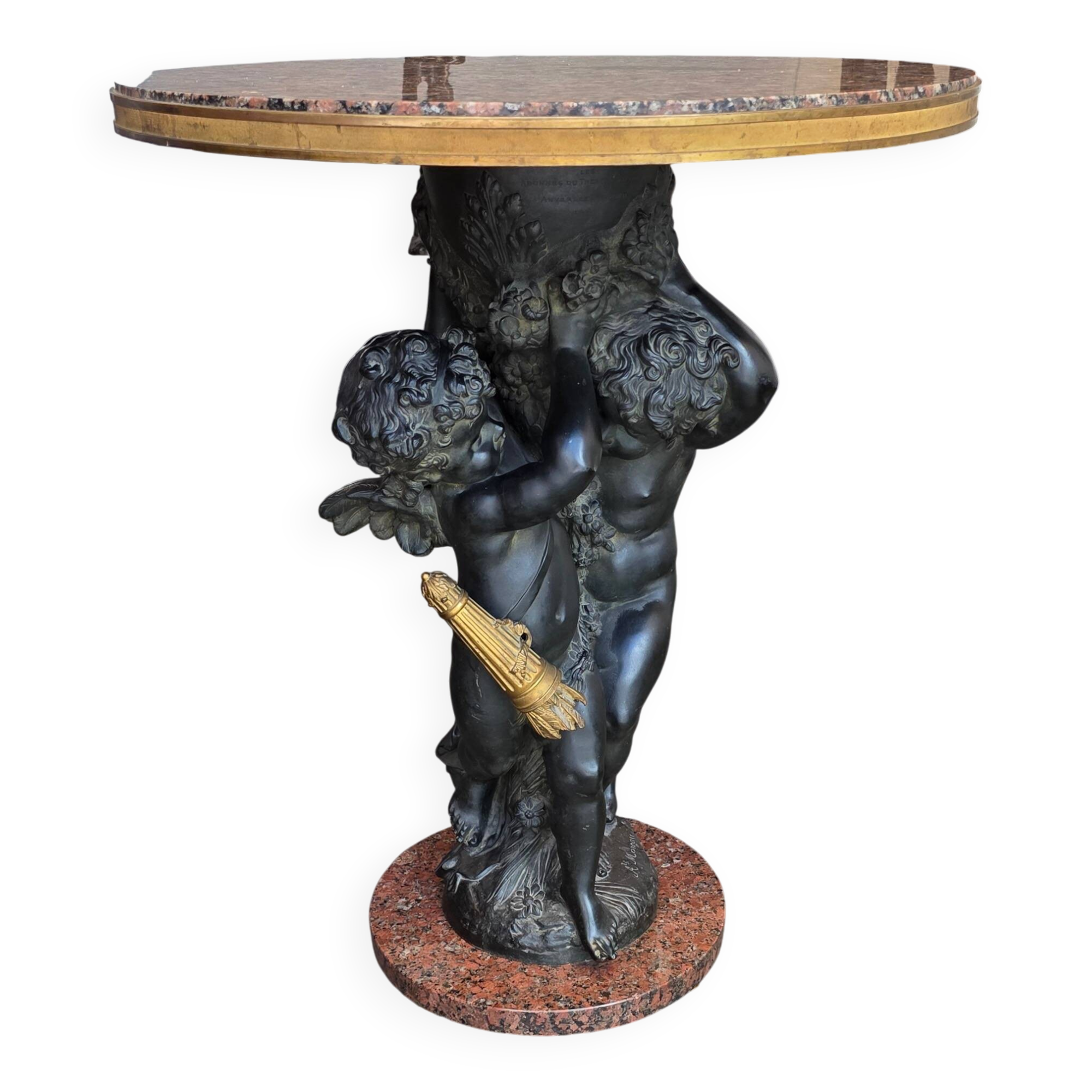 Guéridon en bronze et marbre, Psyché et Cupidon, Auguste Moreau (1834-1917)