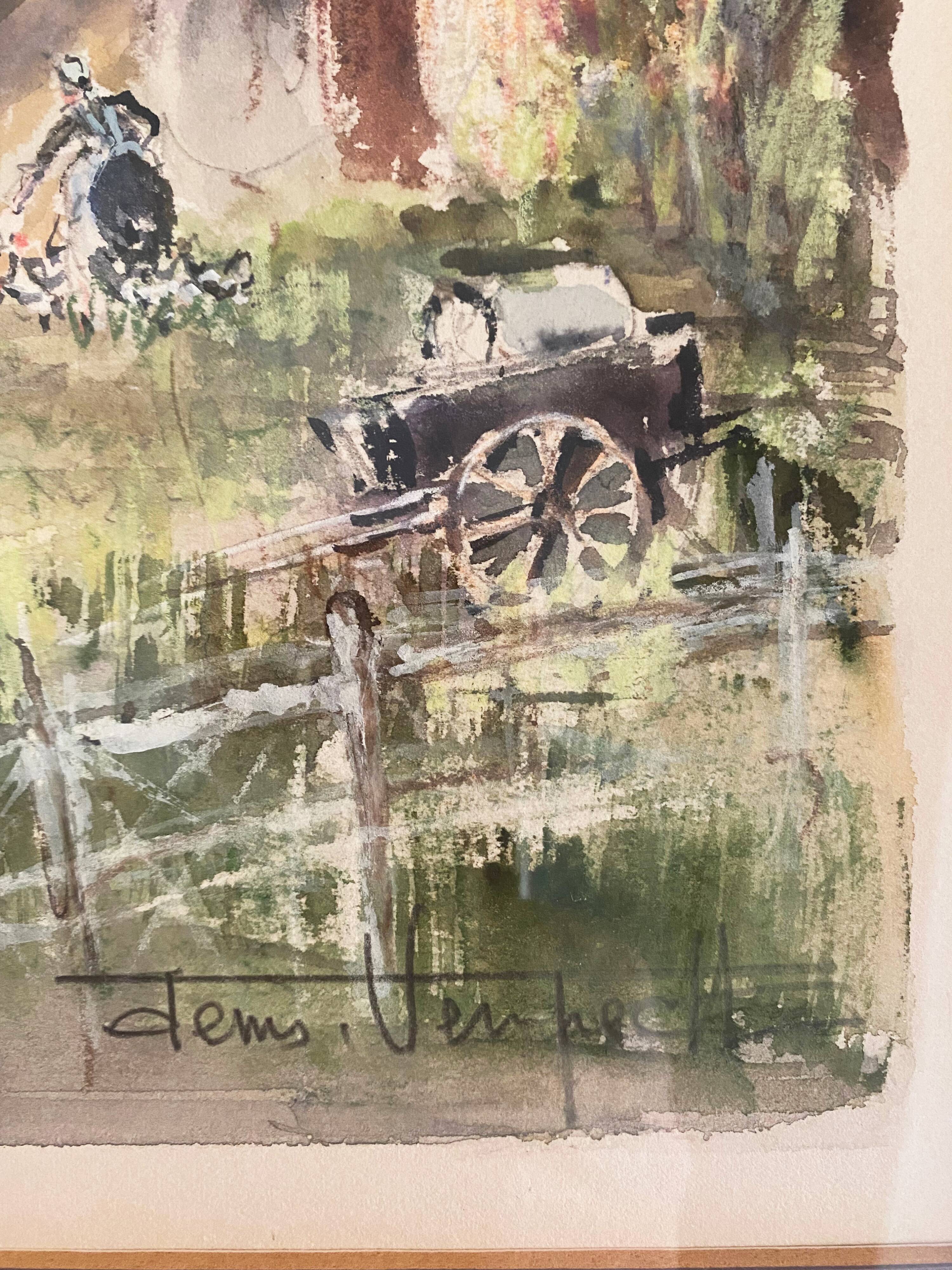 Watercolor painting "Le Theil en Auge" by Denis Verspecht (1919/1991) Calvados