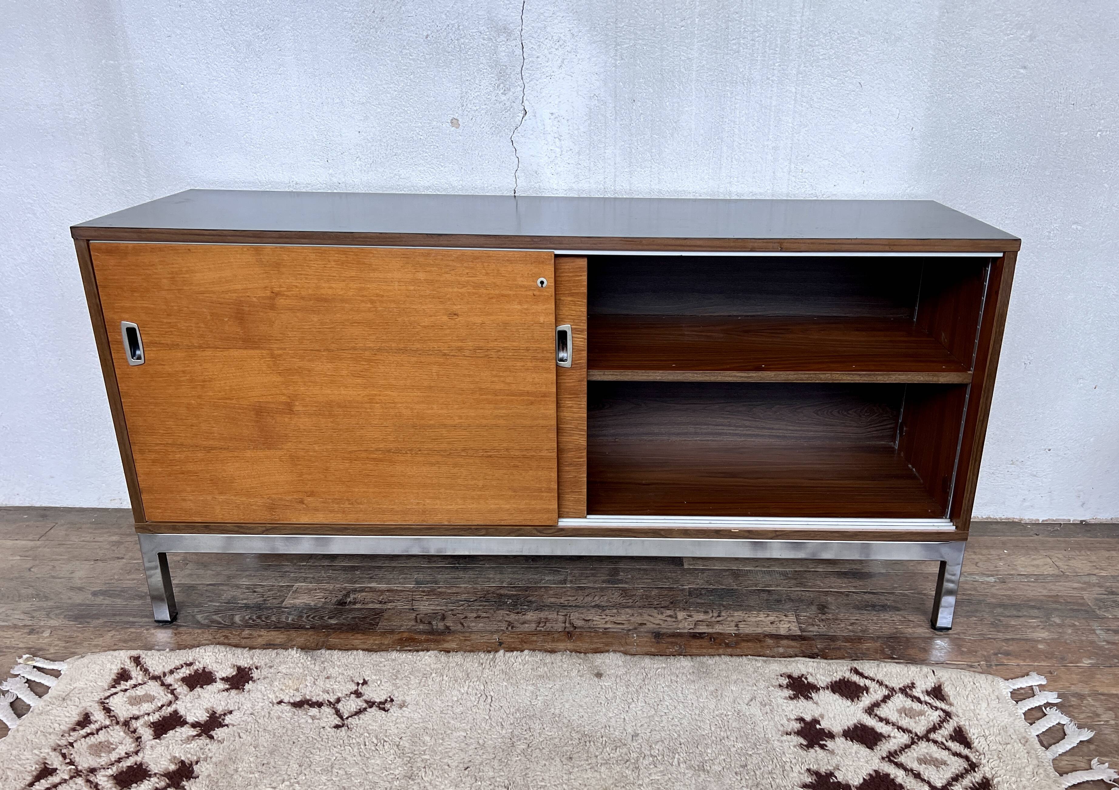 Enfilade 2 sliding doors in teak feet vintage chrome