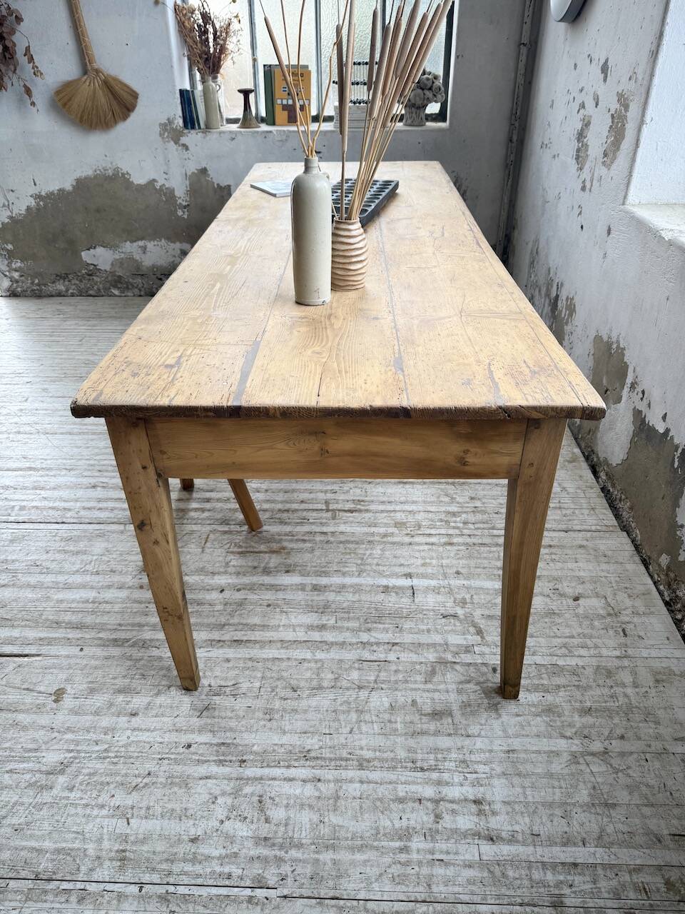 Pine and oak farmhouse table with multiple drawers, communal type, 240cm.