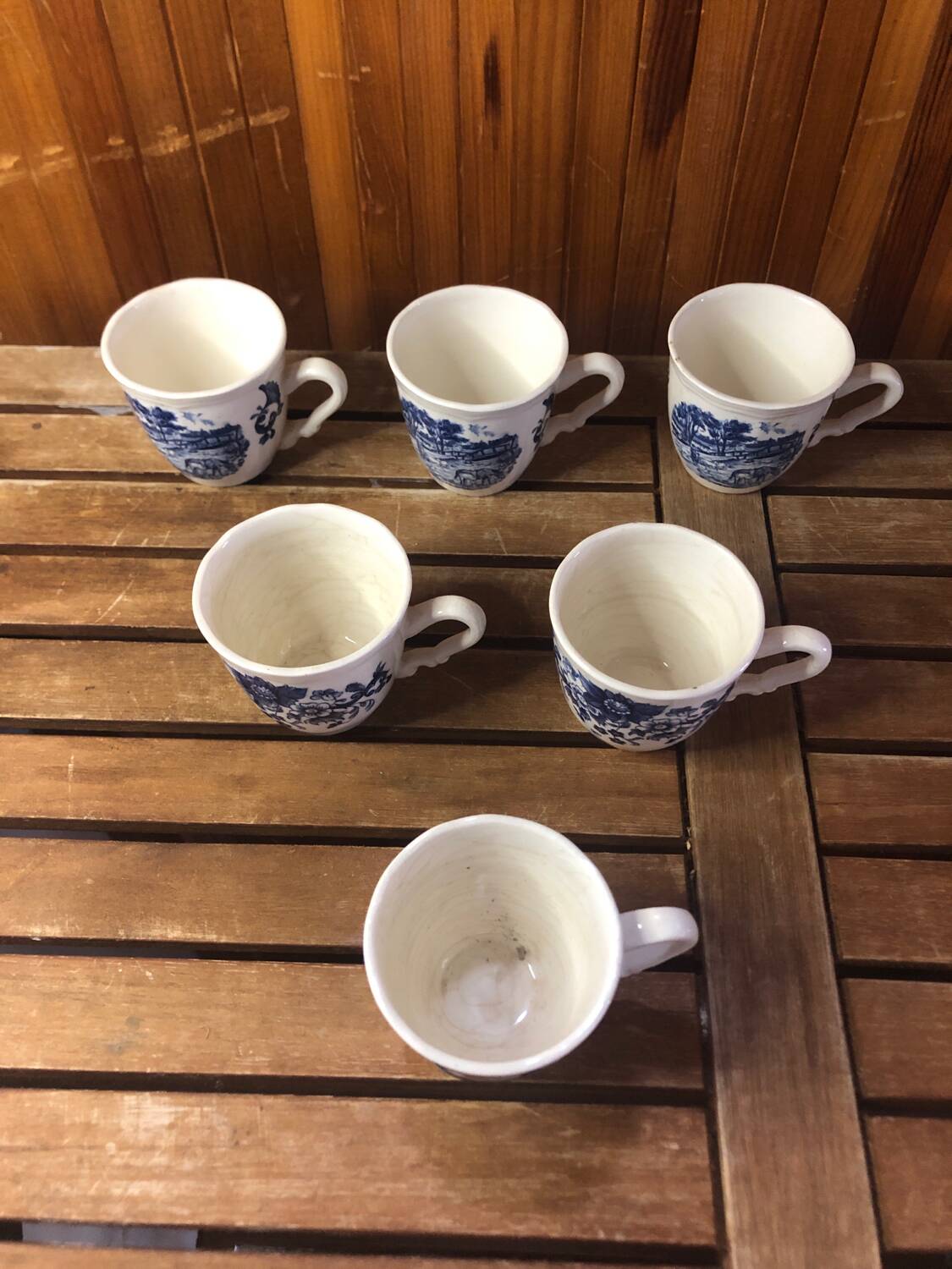 Series of 6 sarreguemines cups white ceramic blue decor france vintage #a385