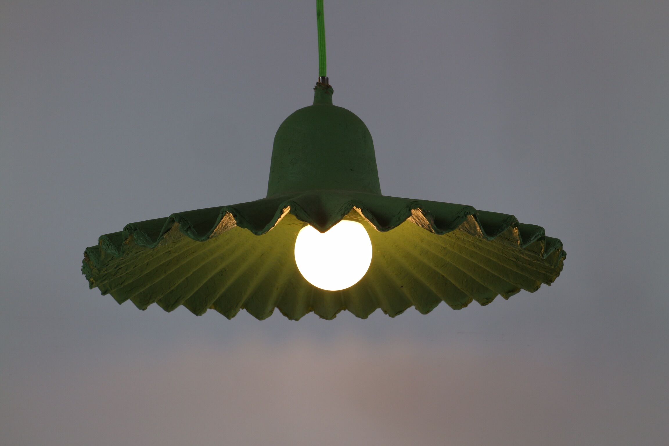 Two lamps/ pendant lamps in recycled cardboard, pink and green, seletti