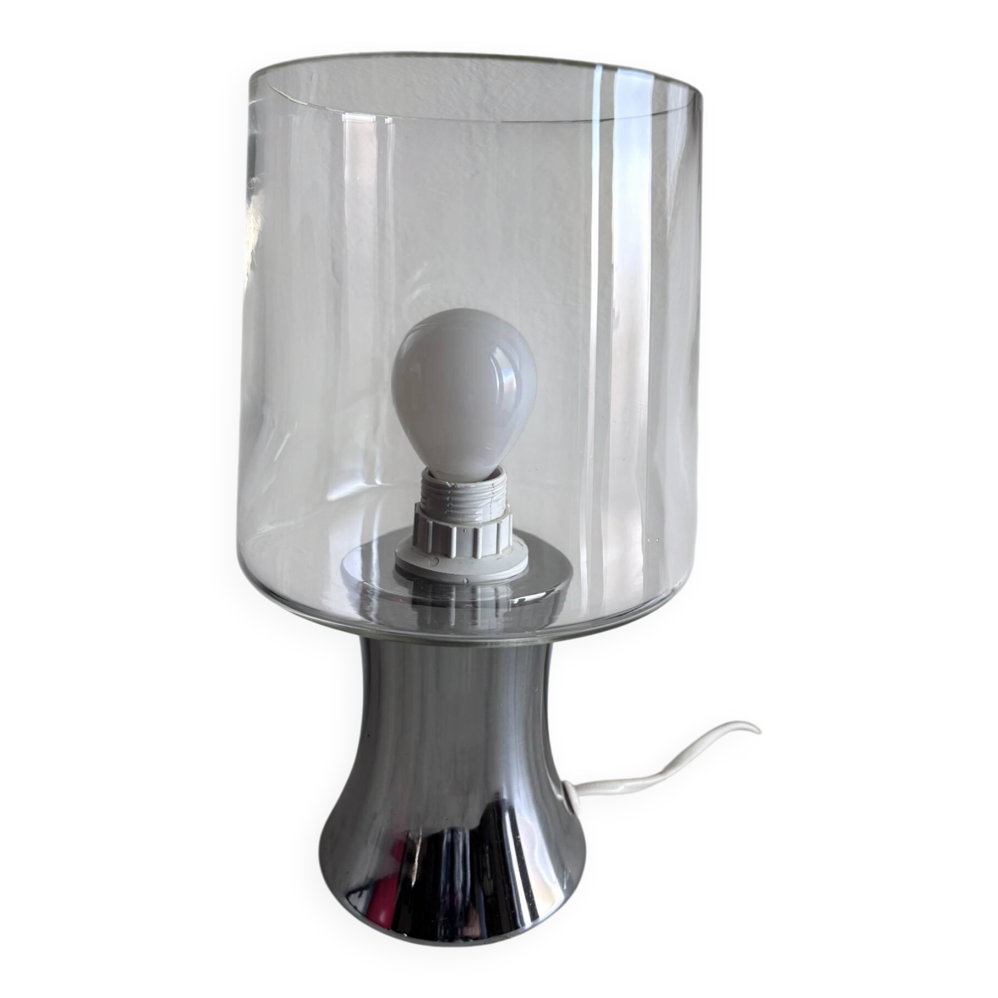Vintage table lamp in silvered glass, mercury style, and transparent cylinder.