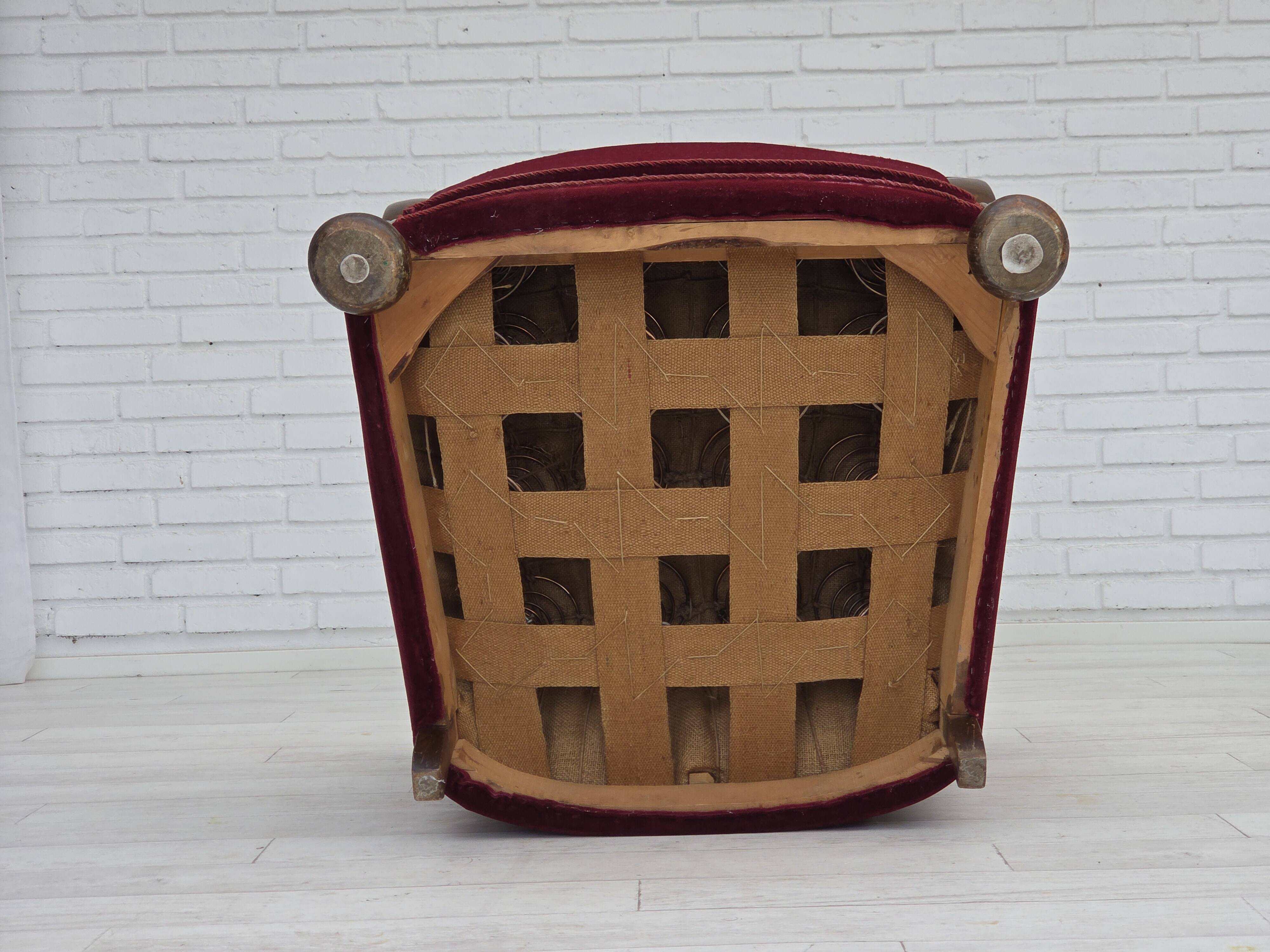 1950s, Danish relax armchair, cherry-red furniture velour, dark beech wood.