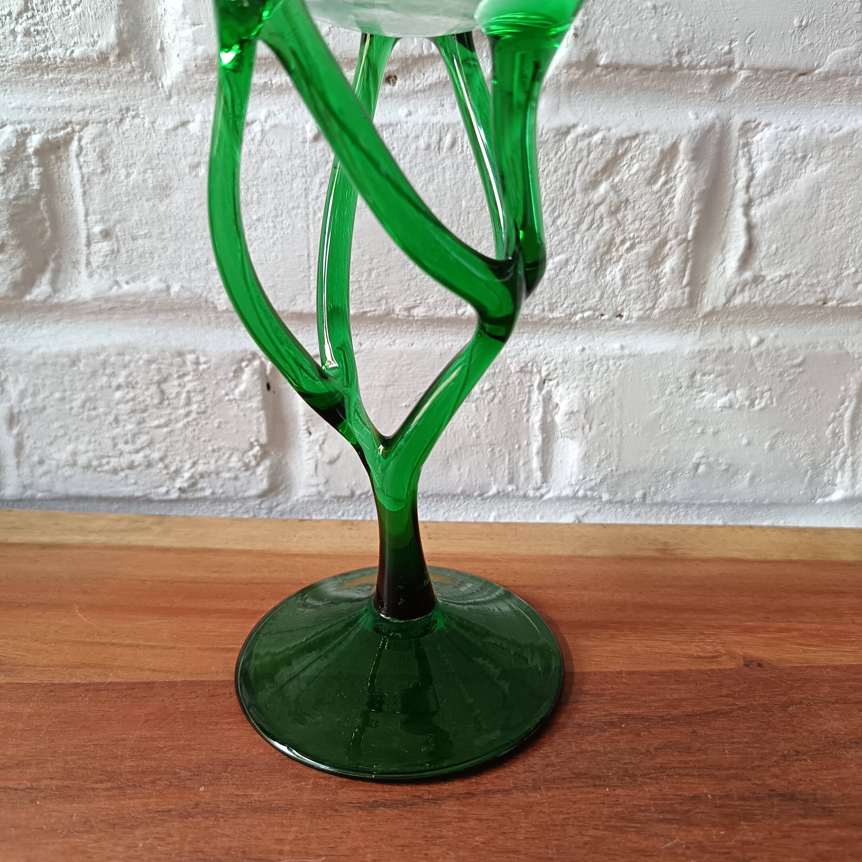 Vintage Emerald Green Jellyfish Blown Glass Bowl on Foot