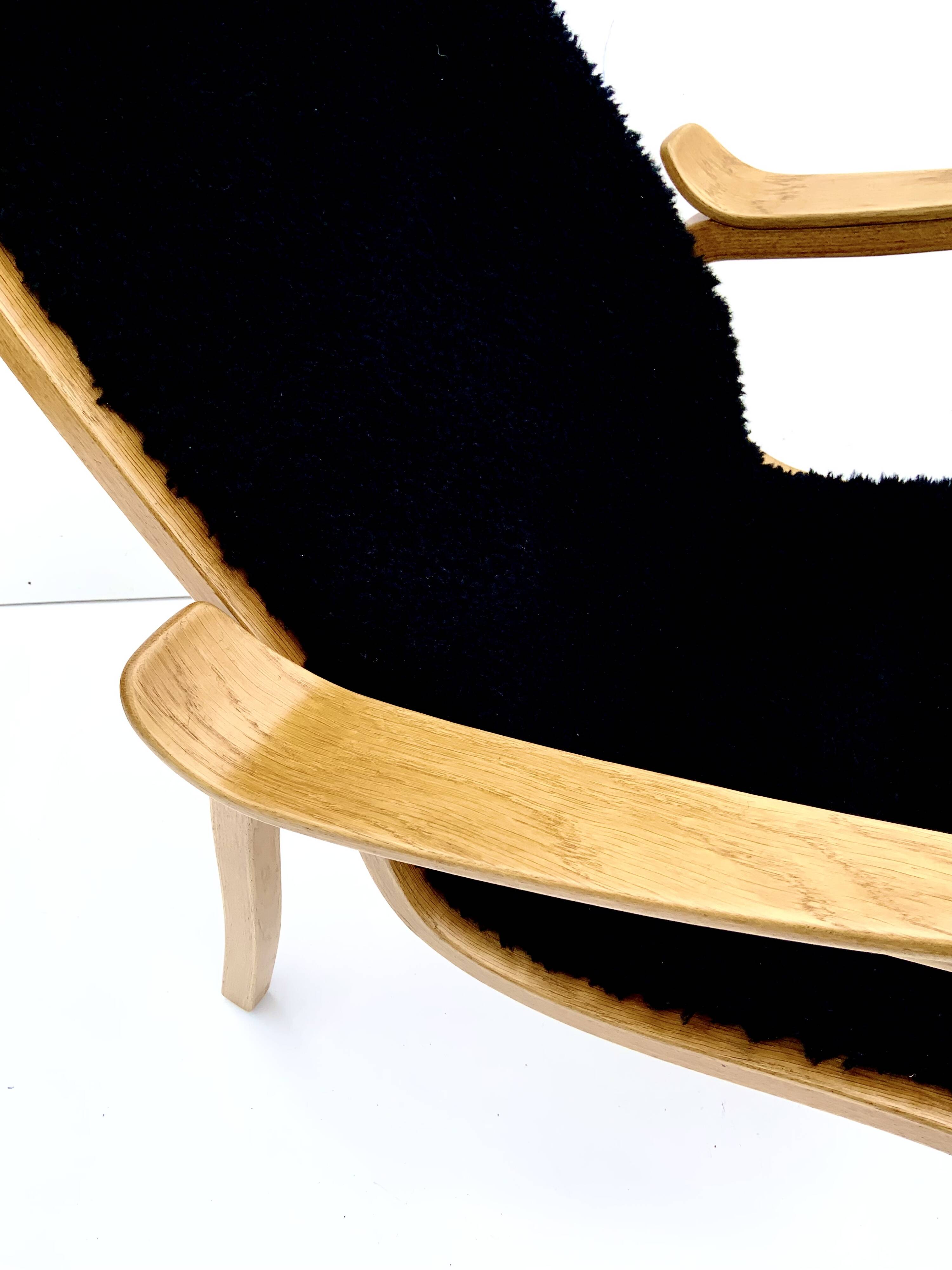 Vintage G.A. Berg “Torparen” Armchair, Oak, Black Sheepskin, Ottoman, 1960s