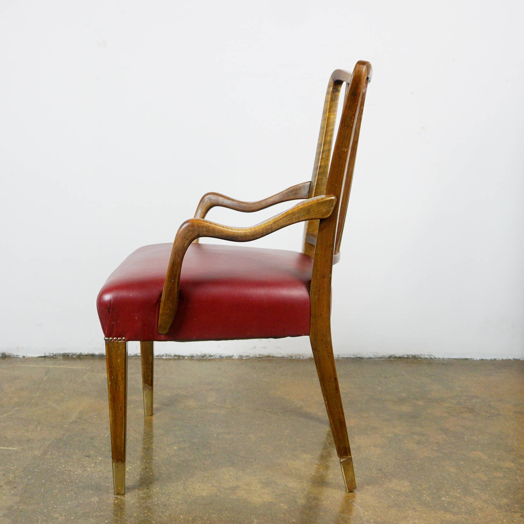 Austrian Dining Chairs in Walnut and Red Leather by Oswald Haerdtl from the Mid-Century