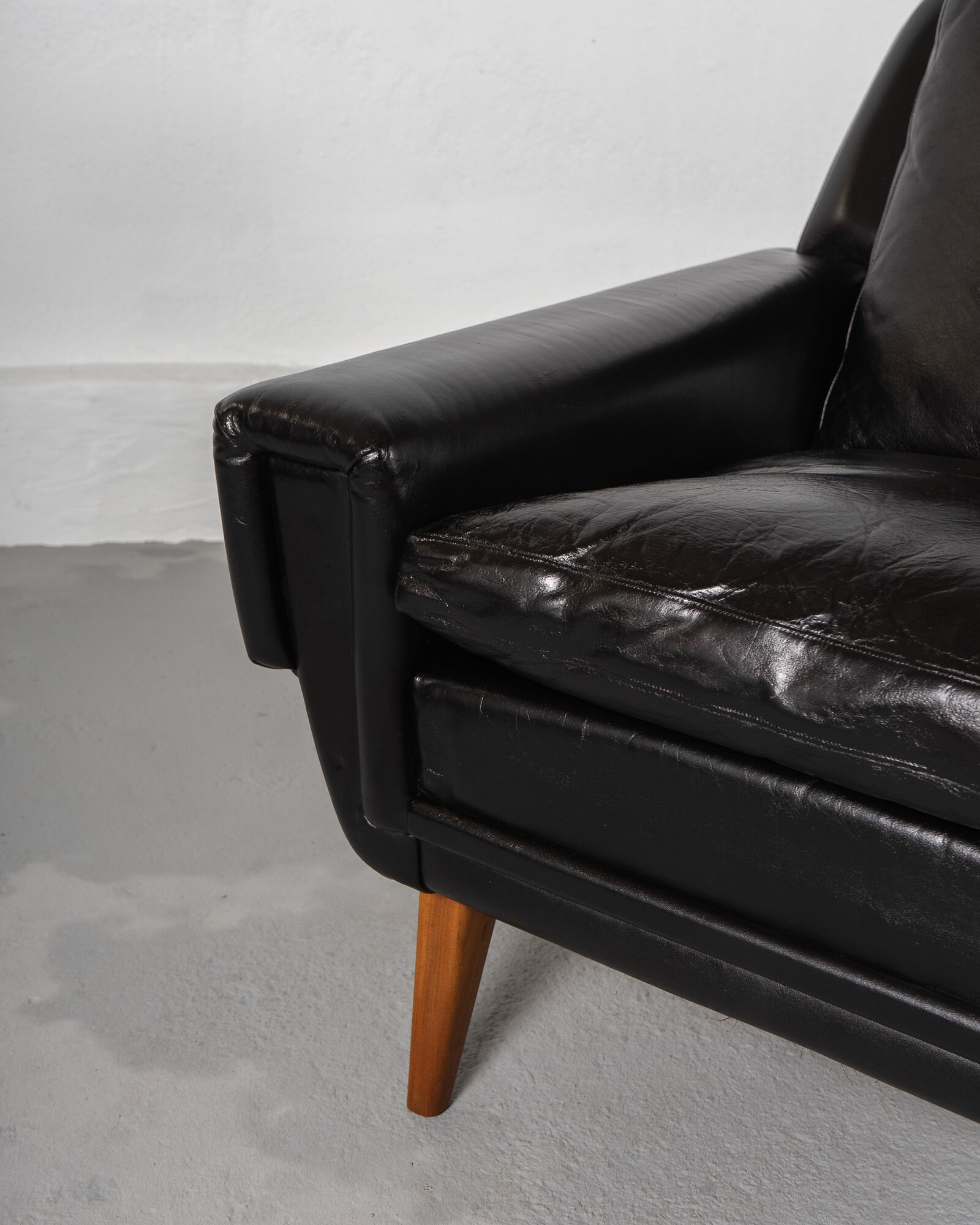 Mid Century Black Leather and Teak Scandinavian Armchair, Denmark, circa 1970