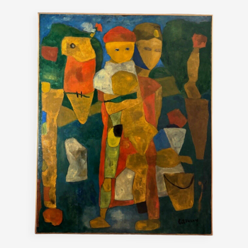 Huile sur toile par Jean Billecocq composition moderne avec personnages