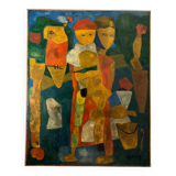 Oil on canvas by Jean Billecocq modern composition with characters