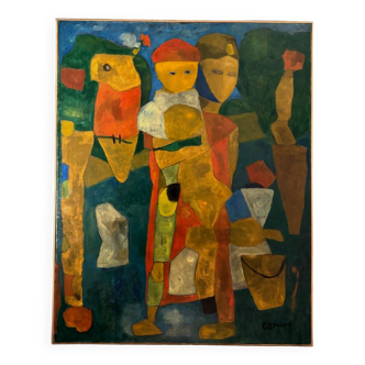 Oil on canvas by Jean Billecocq modern composition with characters