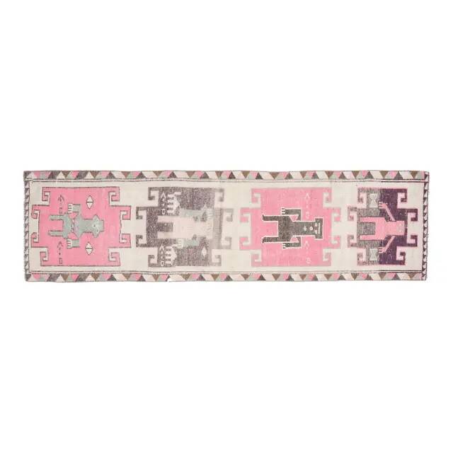 1970s Human Motif Turkish Vintage Oushak Handmade Wool Runner 92x327