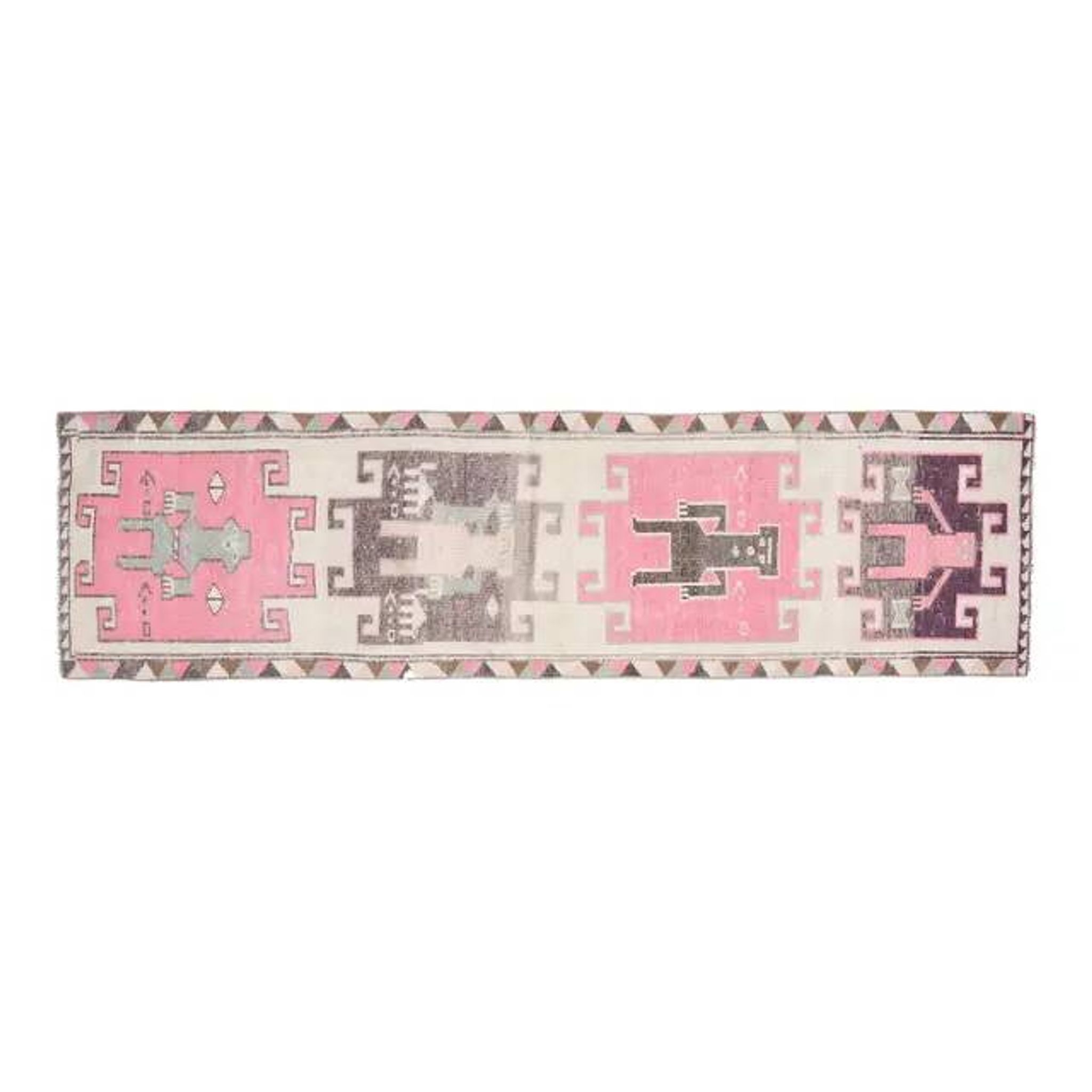 1970s Human Motif Turkish Vintage Oushak Handmade Wool Runner 92x327