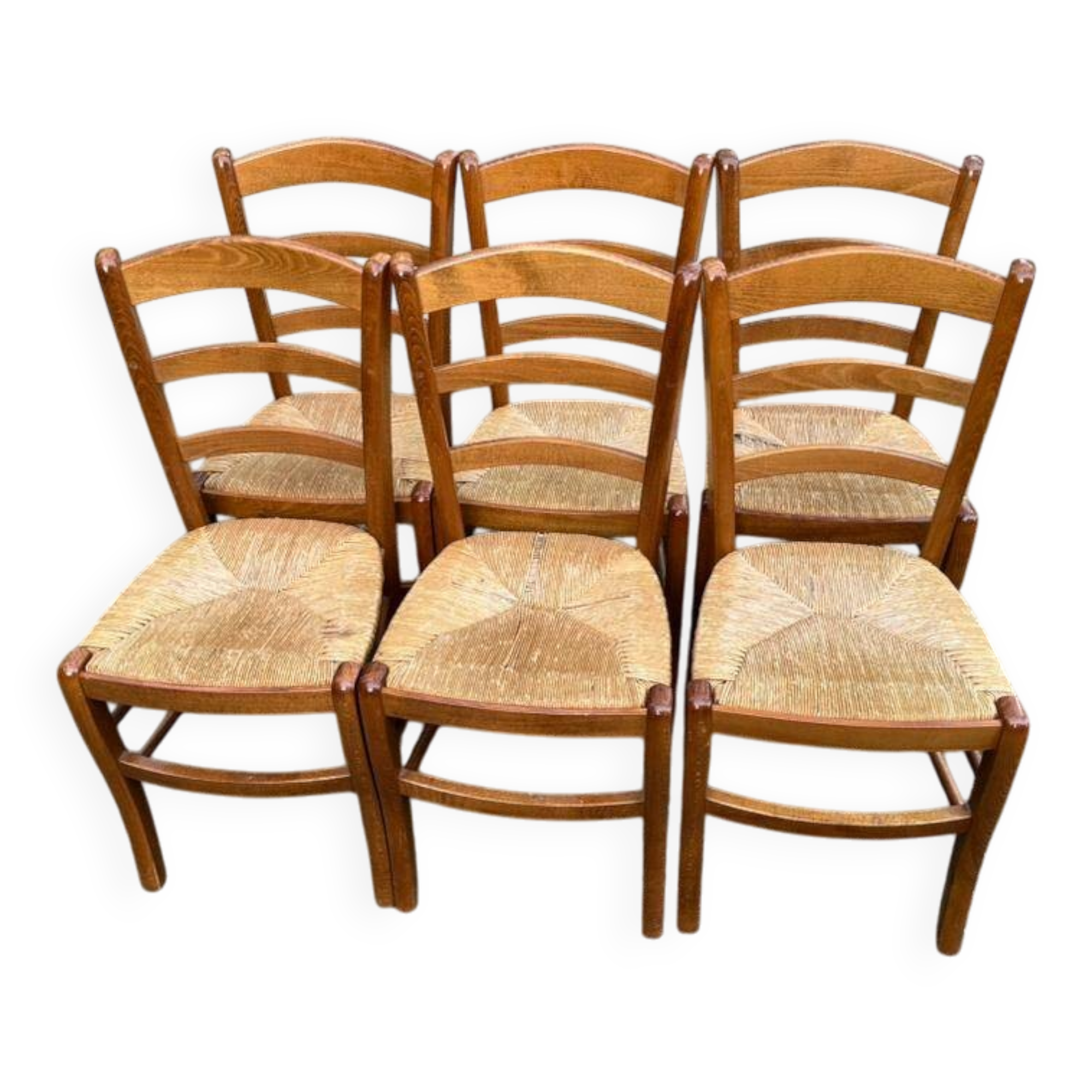 6 solid wood straw-seated Louis Philippe chairs, oak, 20th century.