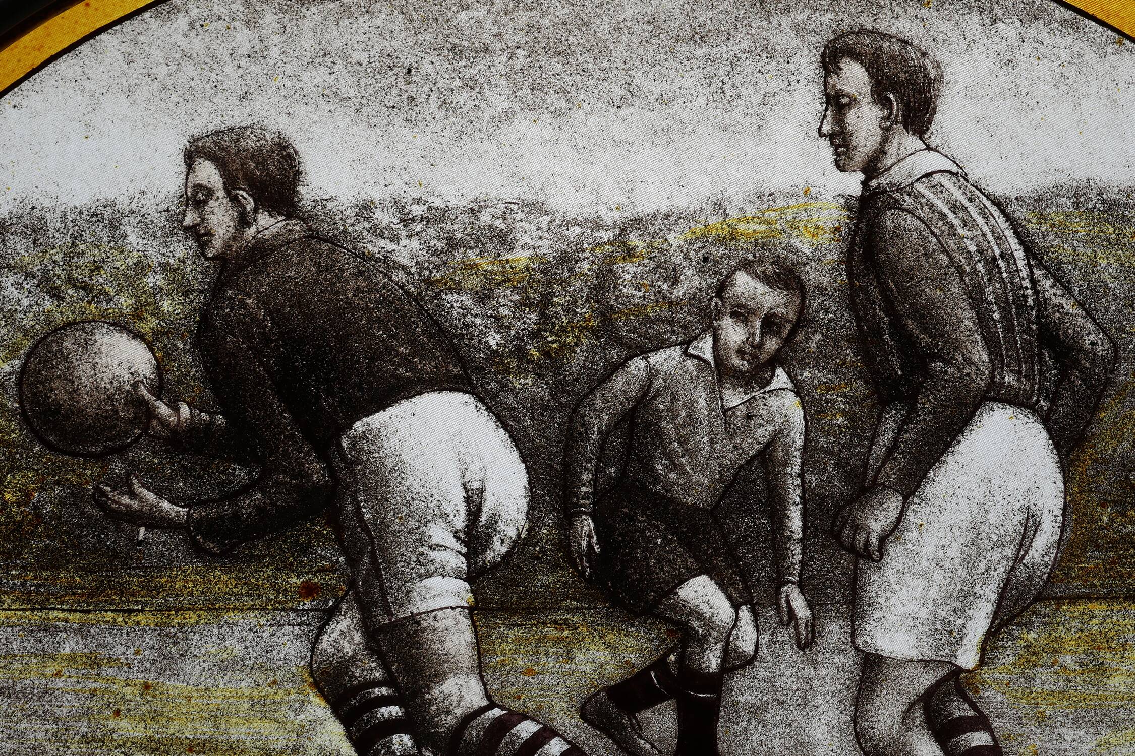 Art Deco Stained Glass Panel Depicting Early Football Scene, Belgium ca. 19