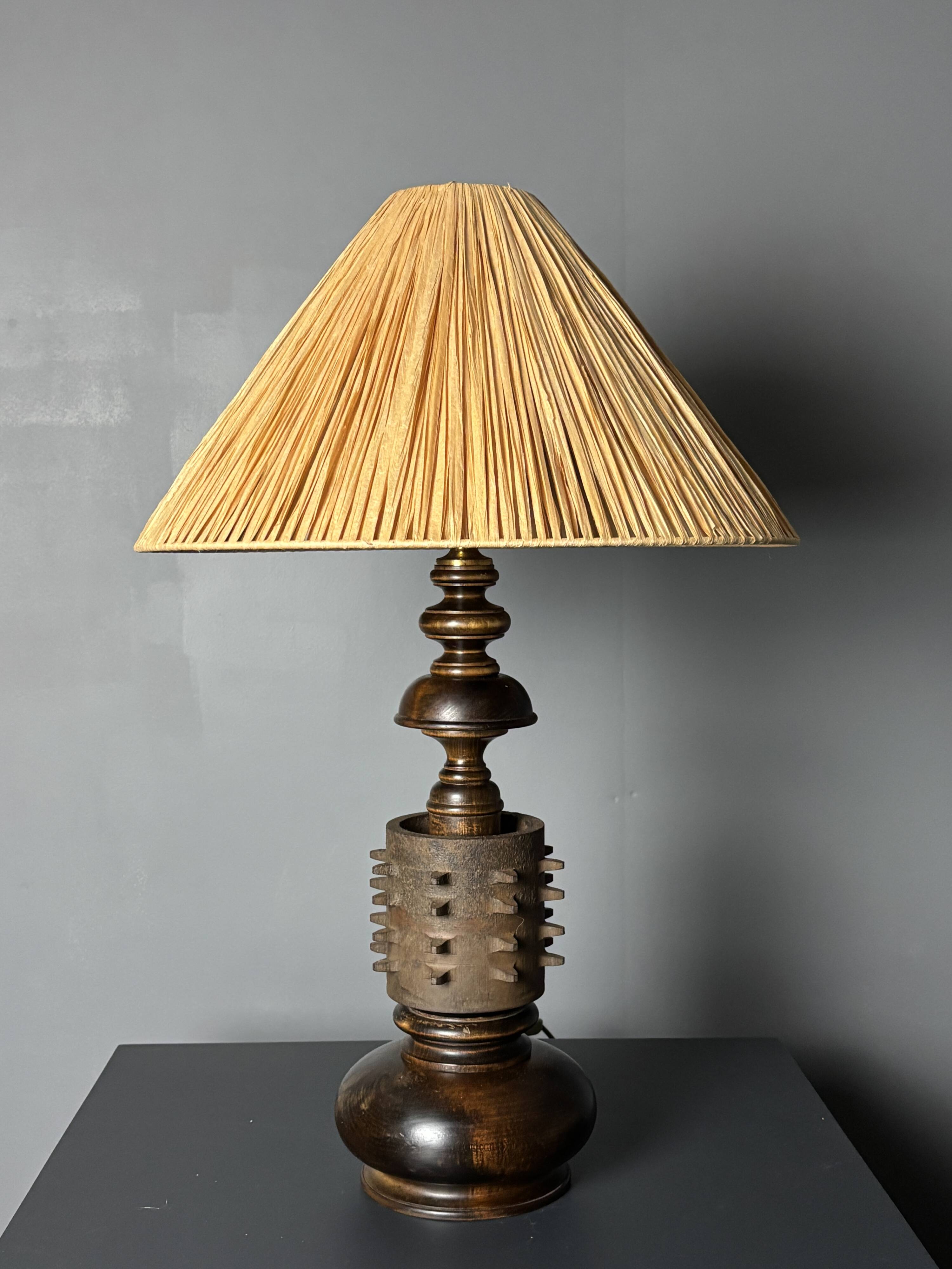 Brutalist wood turned and cast iron large table lamp, 1960s
