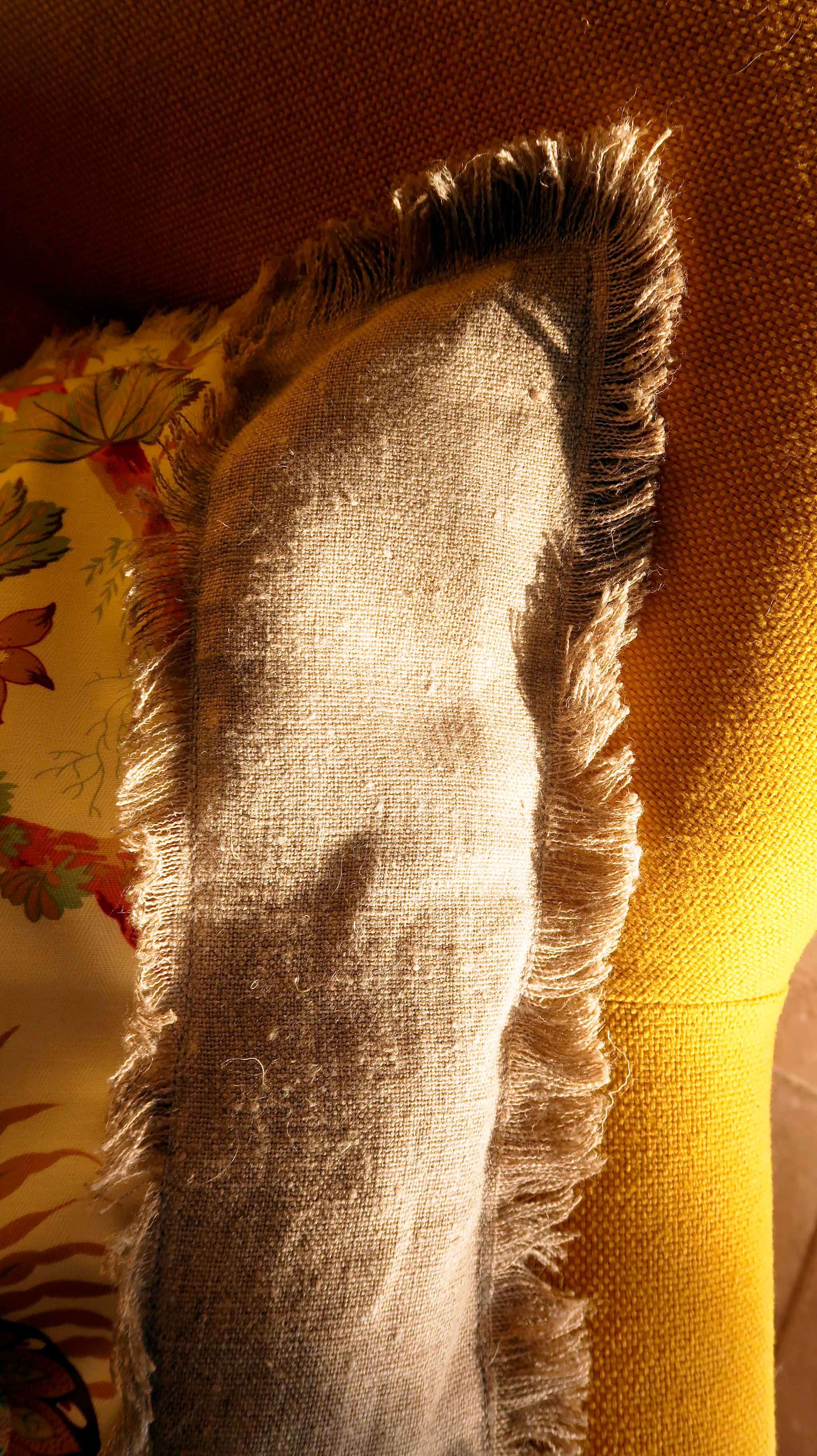 Coussin tissu sanderson fleurs et paon et franges en lin