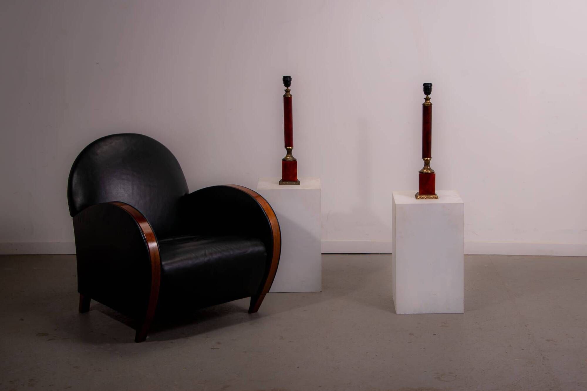 Set of French Empire style lamps made from amber bakelite and brass