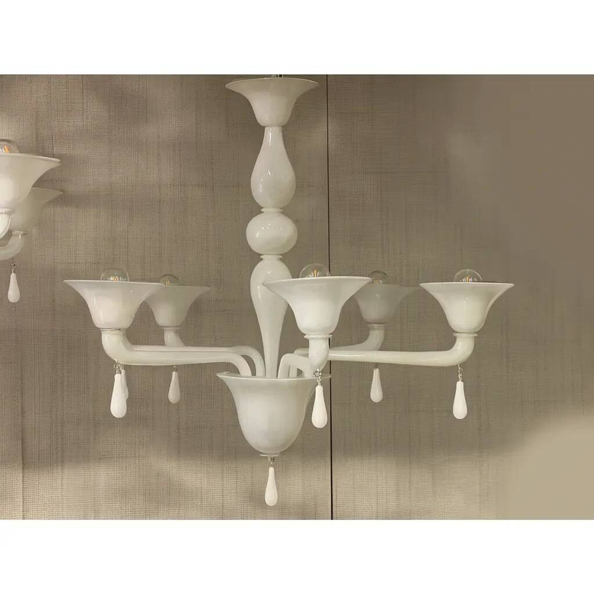 Contemporary Italian 6 Arms White Murano Glass Chandelier