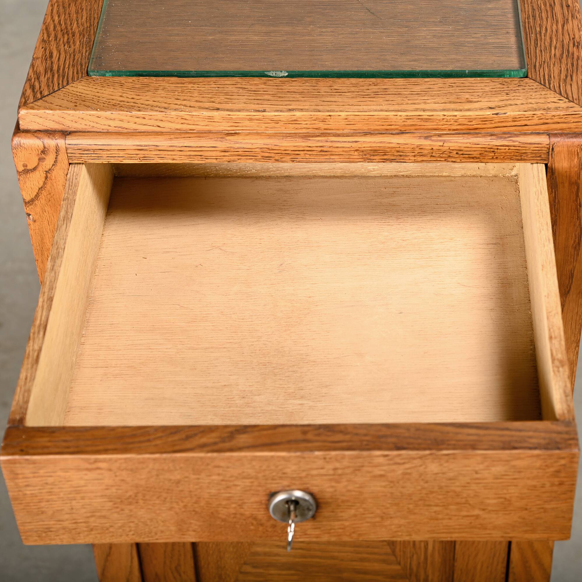 Art Deco Amsterdam School Nightstands oak wood and glass, 1930s Netherlands
