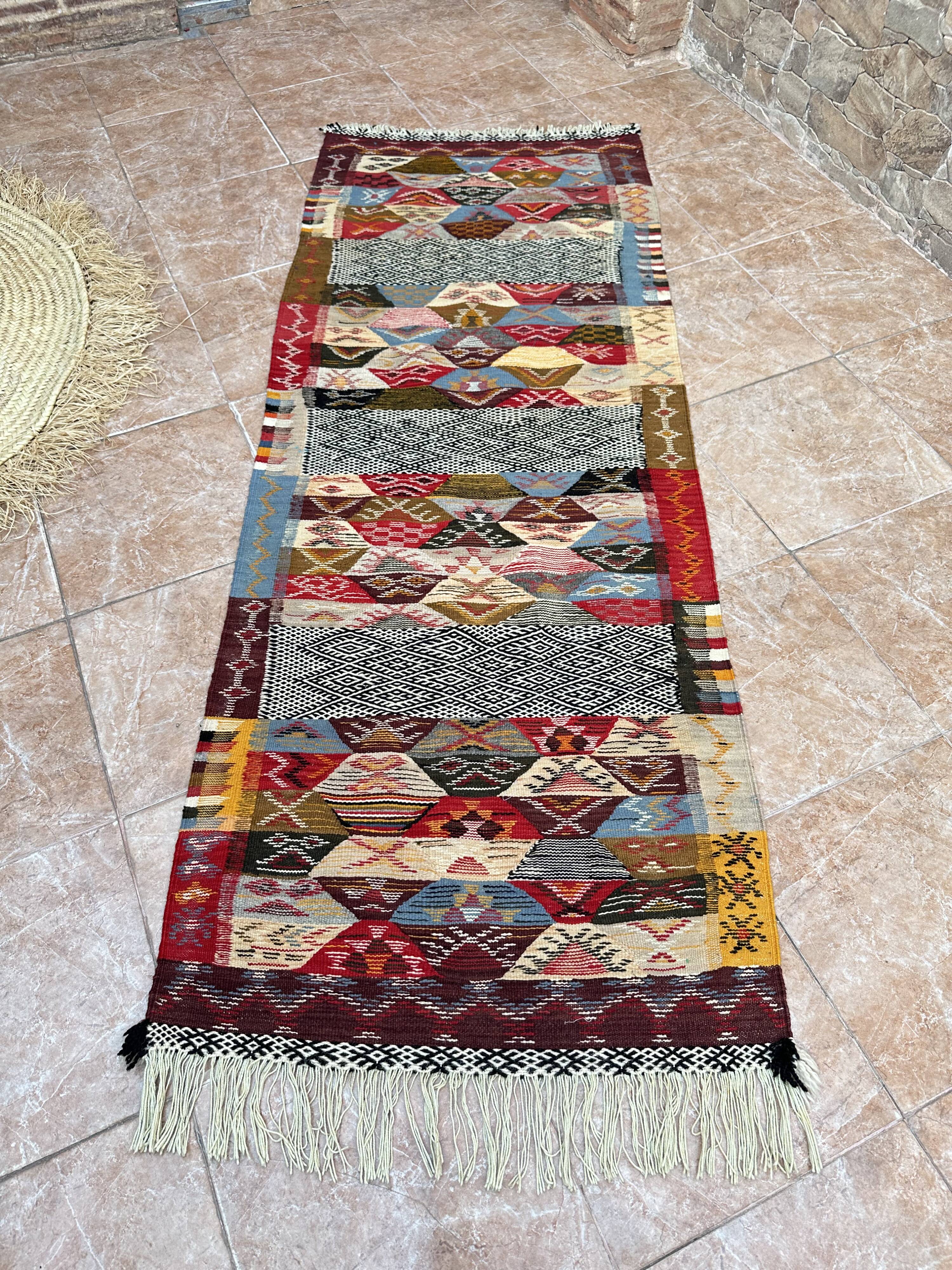 Contemporary Kilim hallway runner: abstract Berber flatweave, wool