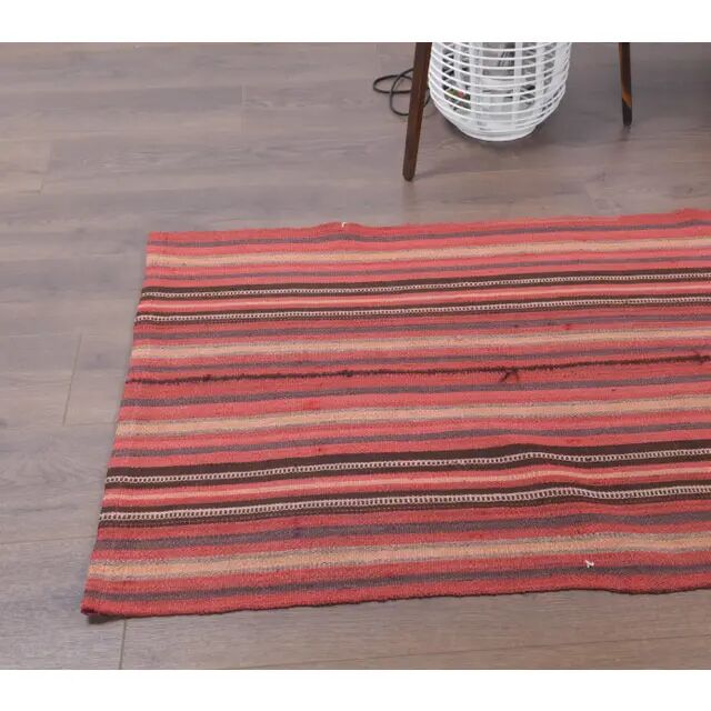 Vintage Turkish hand-knotted wool cotton red kilim runner rug 75x312