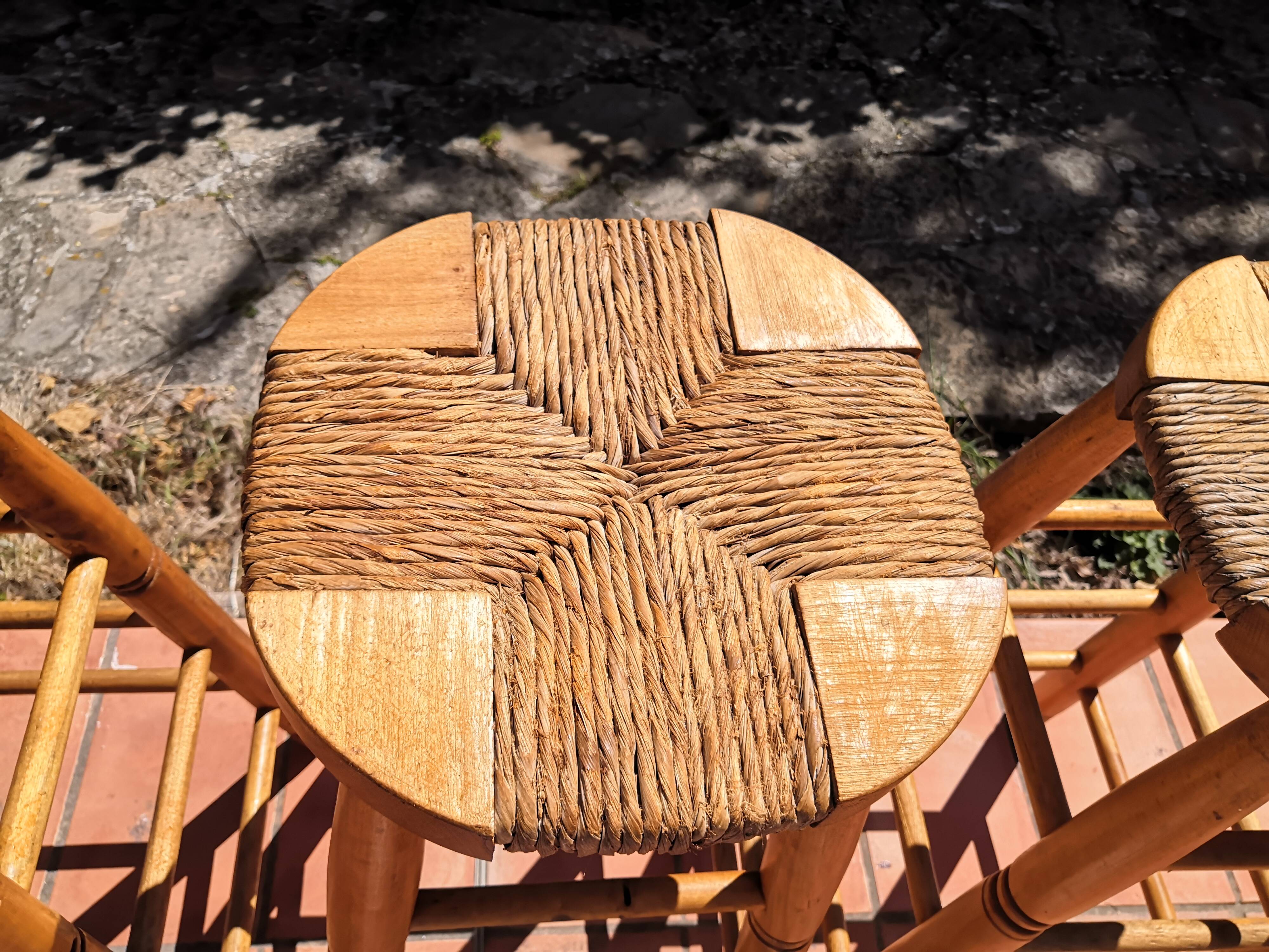 Set of 3 high “modernist” straw stools vintage 1950s