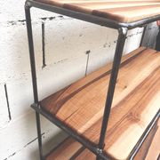 Wrought iron shelf, 3 walnut shelves