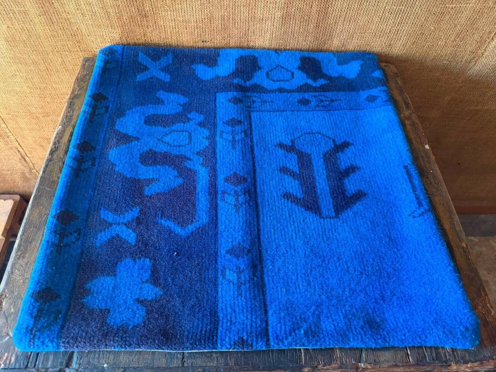 Vessel Motif Rug Cushion, Cobalt Navy Wool, Tribal Kilim Decor 20x20