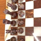 Vintage brown and white alabaster chess board hand carved pieces