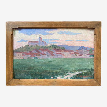 Oil painting of a village signed and dated 1921