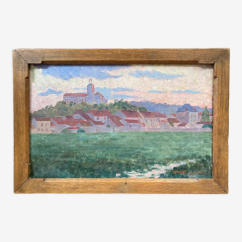 Oil painting representing a village signed and dated 1921