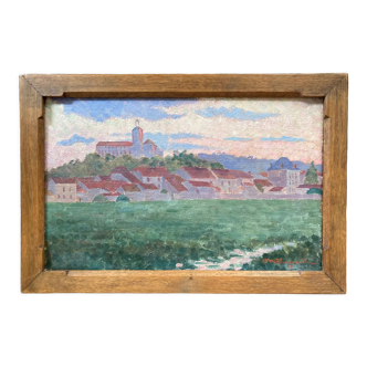 Tableau à l'huile représentant un village signé et daté 1921